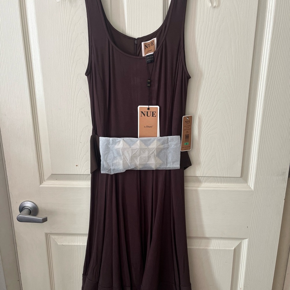 Nue by Shani Chocolate Brown Midi Dress with Gold Accent Belt
